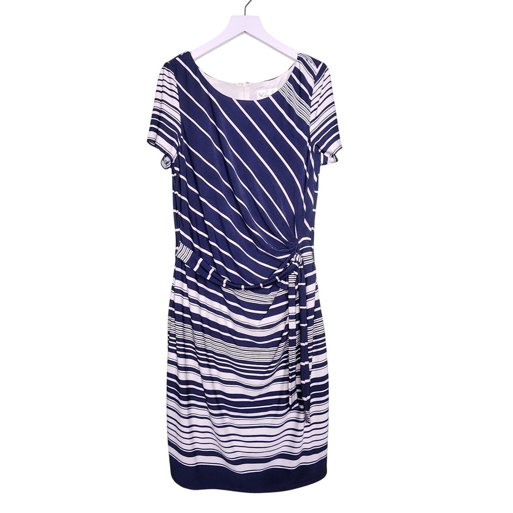 Eliza J Faux Wrap Dress 12 Blue White Striped Sheath Short Sleeve Stretch Preppy